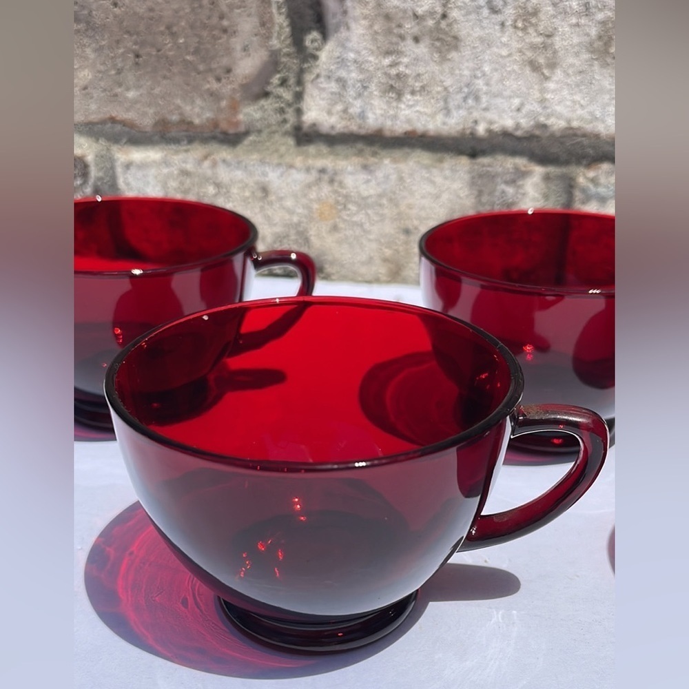 Antique 4 piece set Glass tea cups rich red cranberry Royal red color